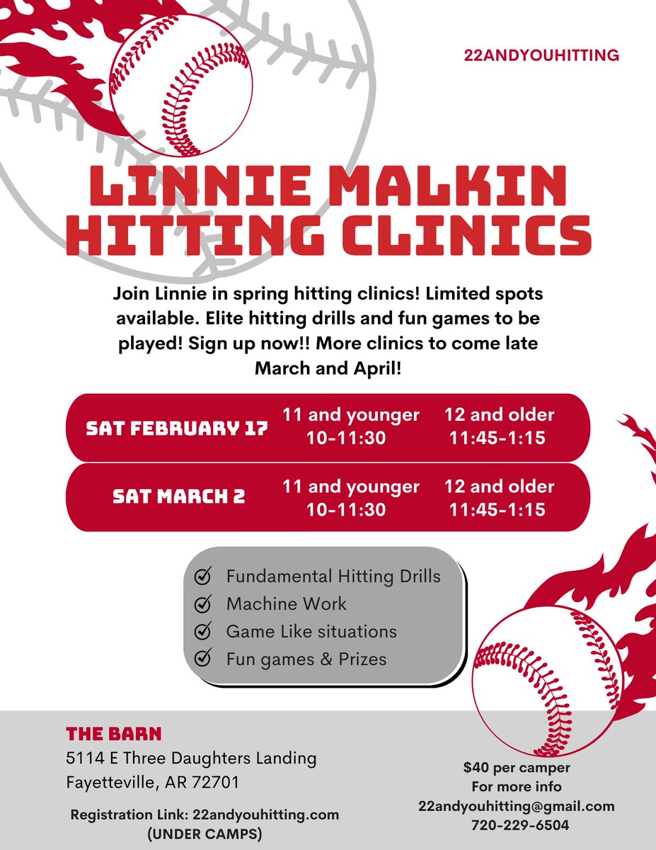 NWA I have just a couple of spots remaining for my hitting clinic this month and beginning of March! Sign up now :)

22andyouhitting.com/#camps