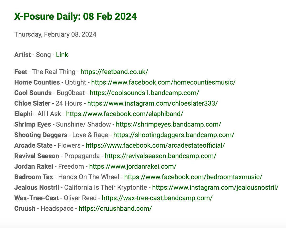 2 days of X-Posure Daily ready for you @GlobalPlayer @RadioX! Wed & Thu shows packed w/ ace new tunes from @gurriersband @_LooseArticles @terratwin_ @feetband @Home_Counties_ @ElaphiBand @ARCADESTATEGLA1 @waxtreecastband @BedroomTaxBand & more! Listen!😃💚 globalplayer.com/catchup/radiox…