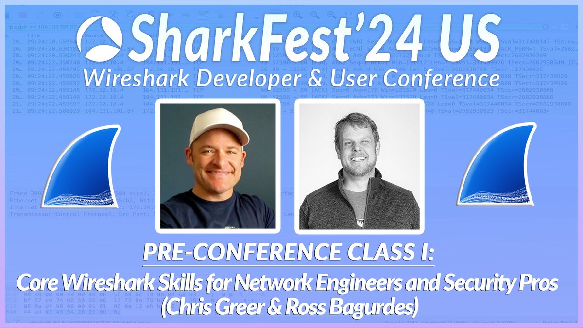 Kicking off this year's #sf24us conference are <a href="/packetpioneer/">Chris Greer</a> &amp; <a href="/Bagurdes/">Ross Bagurdes</a>!

Look at real-world examples of how to use #Wireshark to solve network problems &amp; isolate #CyberSecurity incidents. Labs are designed to give real-world experience with protocols

sharkfest.wireshark.org/sfus