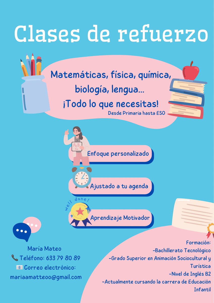 mariamatteoo's tweet photo. ¡Hola! Soy María y ofrezco clases particulares adaptadas a las necesidades de tu hijo/a. Con experiencia en diversas áreas académicas, garantizo un aprendizaje efectivo y motivador. ¿Conoces a alguien que pueda necesitar mi ayuda? ¡Comparte este mensaje! https://t.co/FoCH69V03z