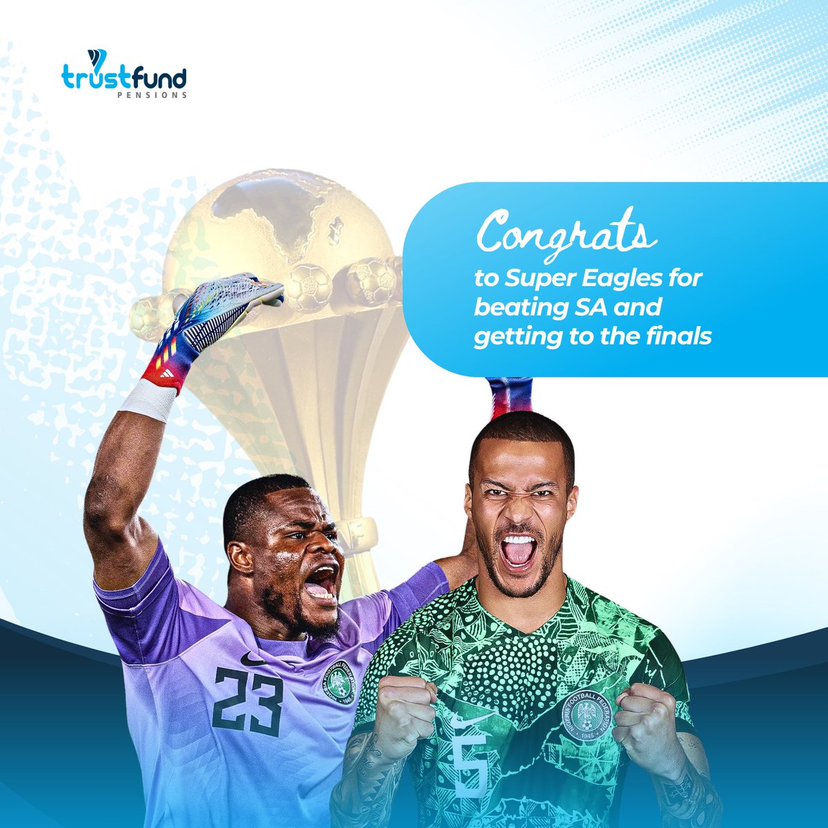 trustfundpltd's tweet photo. We made it to the finals!!! Congratulations to the super eagles team 

#yourtrustedbestie #Trustfund #TIVA #Choosetrustfund #Thinkpensionthinktrustfund #tfp https://t.co/OeeRSZBctR