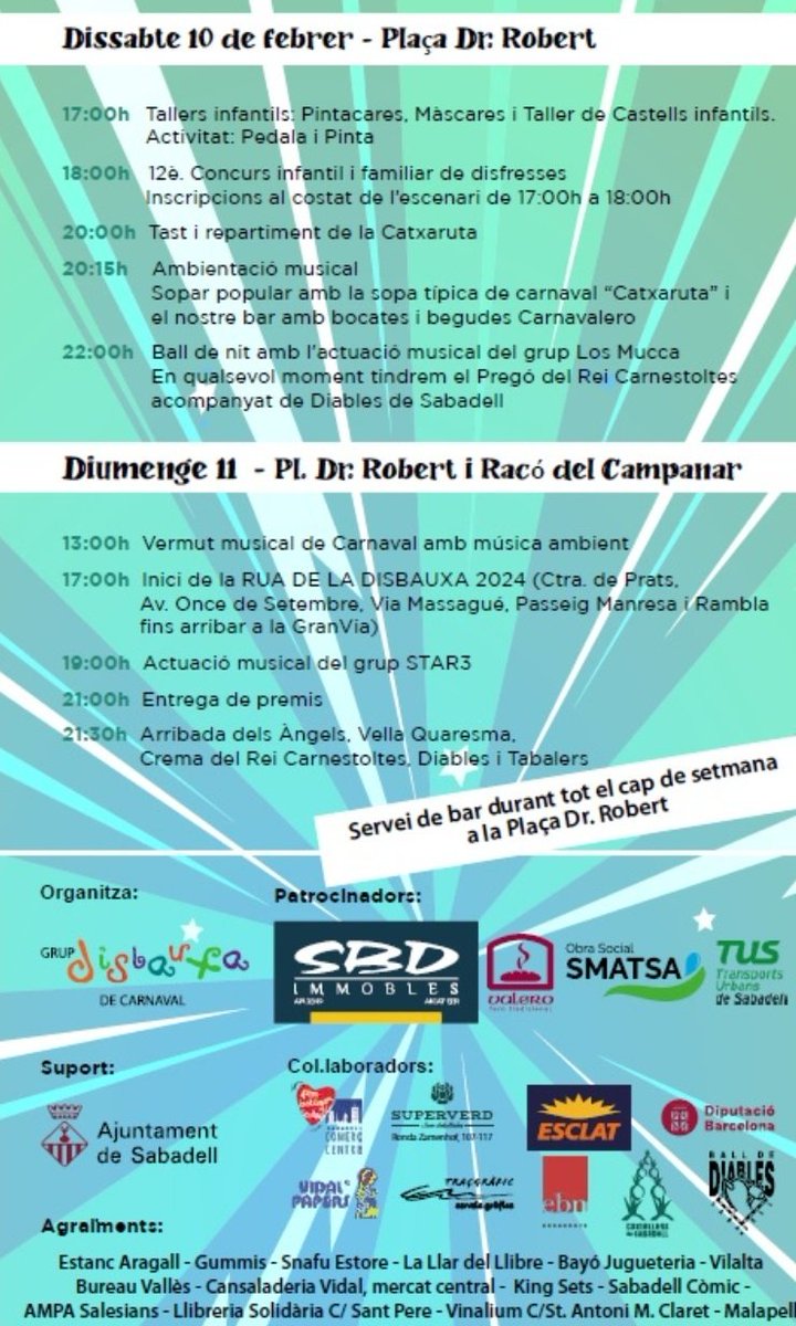 🥸Aquest cap de setmana arribar el Carnestoltes i contribuïm a la seva organització.

📅Un munt d'activitats per grans i petits durant tot el cap de setmana.