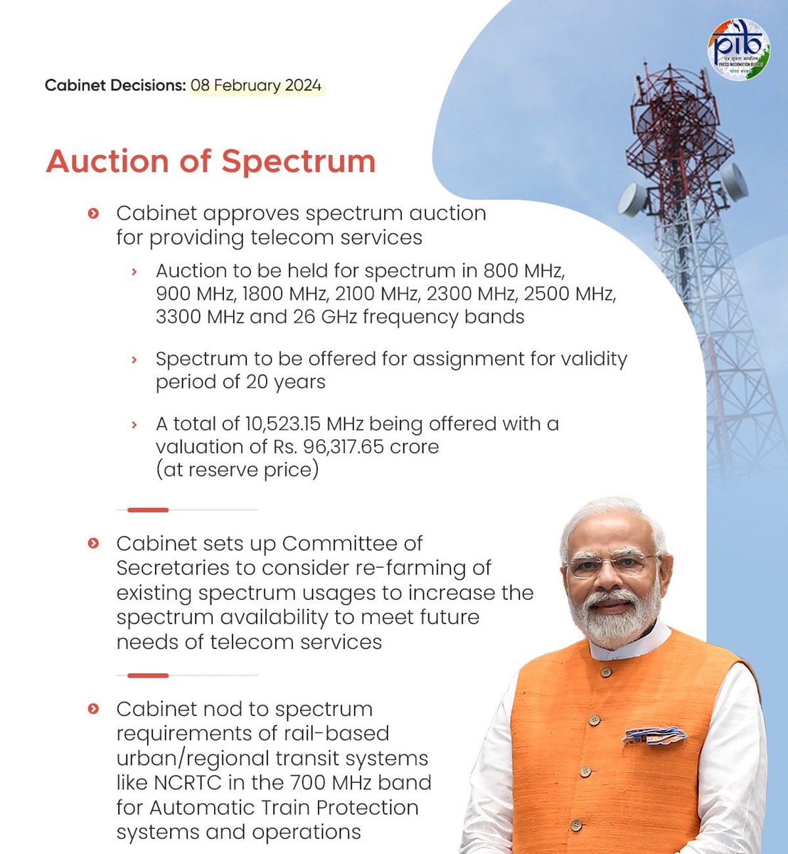The Union Cabinet has approved @DoT_India's proposal for a #SpectrumAuction to enhance telecom services. The allocation of additional spectrum is set to elevate service quality & coverage for consumers.

@narendramodi
#CabinetDecisions