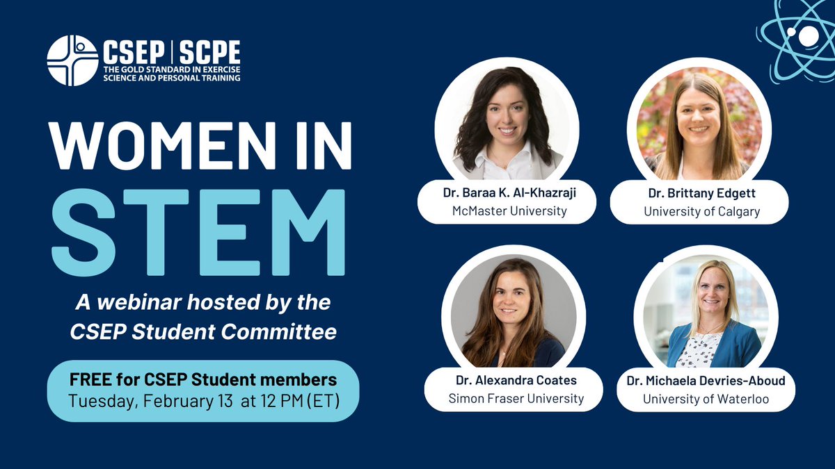 Canadian Society for Exercise Physiology (@csep_scpe) on Twitter photo Calling all Students! Join us for a celebration of #WomenInScience with <a href="/MC_Devries/">Michaela Devries</a>, <a href="/balkhaz/">Baraa Al-Khazraji, PhD</a>, <a href="/BrittanyEdgett/">Brittany Edgett</a>, and @superalex_c. 🧬On Tue, Feb 13th, 12-1pm (ET) we will be diving into their journeys in exercise physiology!🗓️
Secure your spot for FREE: buff.ly/3ODUQc5 Calling all Students! Join us for a celebration of #WomenInScience with <a href="/MC_Devries/">Michaela Devries</a>, <a href="/balkhaz/">Baraa Al-Khazraji, PhD</a>, <a href="/BrittanyEdgett/">Brittany Edgett</a>, and @superalex_c. 🧬On Tue, Feb 13th, 12-1pm (ET) we will be diving into their journeys in exercise physiology!🗓️
Secure your spot for FREE: buff.ly/3ODUQc5