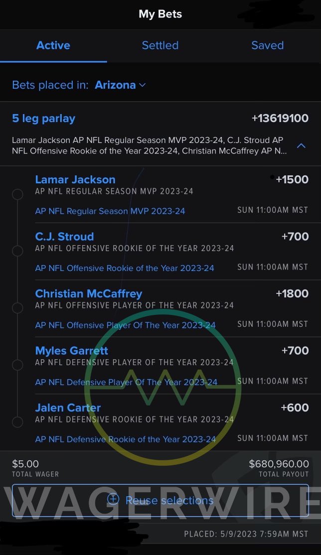 BFawkes22's tweet photo. Back on May 9, 2023, @Martron_81
placed $5, five-leg parlay on NFL award winners at @FDSportsbook in Arizona that would win $680,960. 

He’s still fielding offers through @WagerWire before tonight’s NFL Honors.

The legs:

Lamar Jackson to win MVP at 15-1 

CJ Stroud to win OROY +700 

CMC to win OPOY 18-1

Myles Garrett to win DPOY +700

Jalen Carter to win DROY at +600

It looks like Carter will be the big sweat …