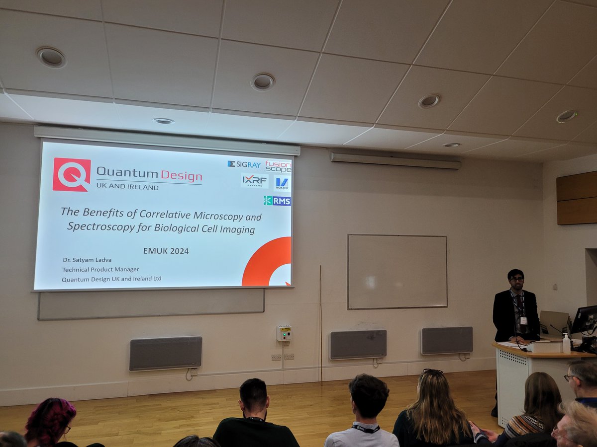 Technobite this afternoon from QDUKI's Technical Product Manager Dr. Satyam Ladva at @RoyalMicroSoc's EM-UKI in York today on 'The Benefits of Correlative Microscopy and Spectroscopy for Biological Cell Imaging'