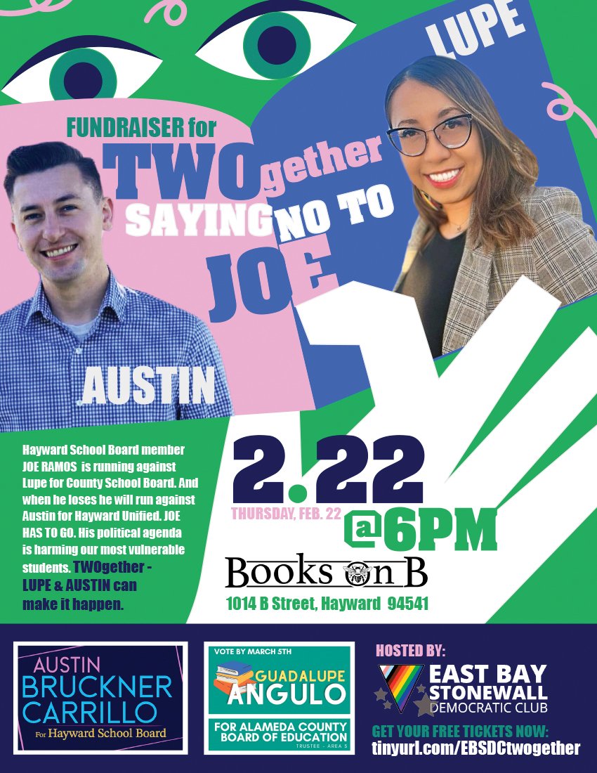 Proud to stand TWOgether with <a href="/lupeinthestack/">Lupe Angulo</a> for a fundraiser at <a href="/BooksOnB/">Books on B</a> hosted by <a href="/EBStonewallDems/">East Bay Stonewall Democratic Club</a> 

Register at: brucknercarrillo.com/twogether