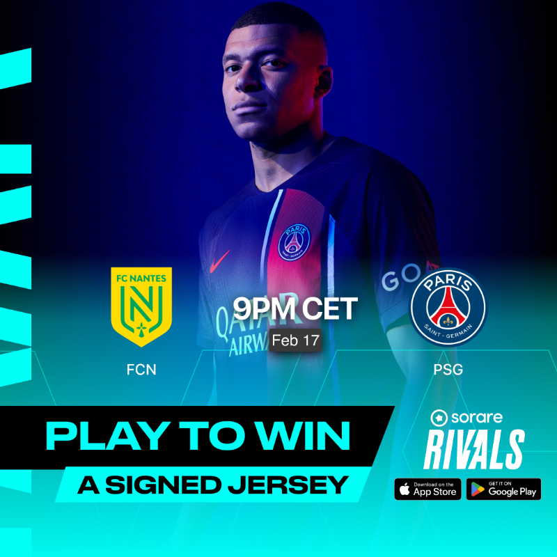 Sorare's tweet photo. BIG launch, BIG prize. ✍️

To celebrate the return of @PSG_Inside, we’re giving away a signed @KMbappe jersey to 1 lucky winner.

To participate:

1️⃣ - RT this
2️⃣ - Challenge a friend on #SorareRivals to Nantes vs PSG on Feb 17 ⤵️

1 new friend = 1 ticket to the raffle. 🎟️