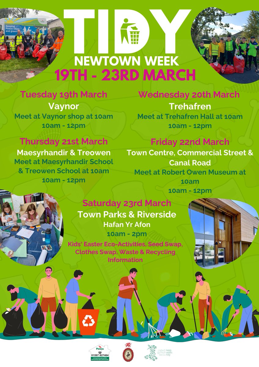 As part of the Great British Spring Clean / Spring Clean Cymru - Tidy Newtown Week is back!  Get involved in helping to make Powys cleaner and greener by attending one of these group clean up events!

#tidy #CaruCymru #SpringCleanCymru 

🏴󠁧󠁢󠁷󠁬󠁳󠁿💚♻️🚯🦸‍♂️🦺👍