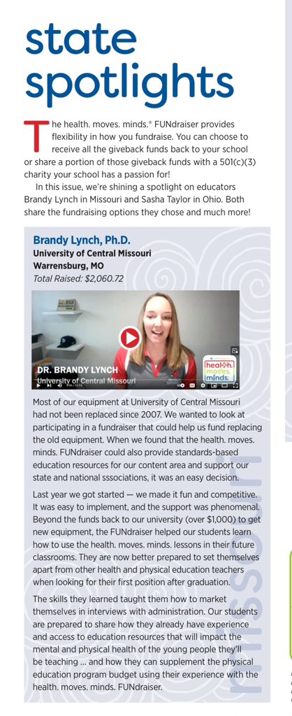 UCMoCOE's tweet photo. Big shout out to Dr. @BrandyLynch &amp; @UCMPhysEd 🌟Featured in the latest issue of @SHAPE_America’s Momentum Magazine for their fantastic work &amp; achievements with the health.moves.minds. FUNdraiser (p. 27)! 📖✨ #UCMTeachRed https://t.co/PsFg1YIEub https://t.co/RWoOnBDpxd