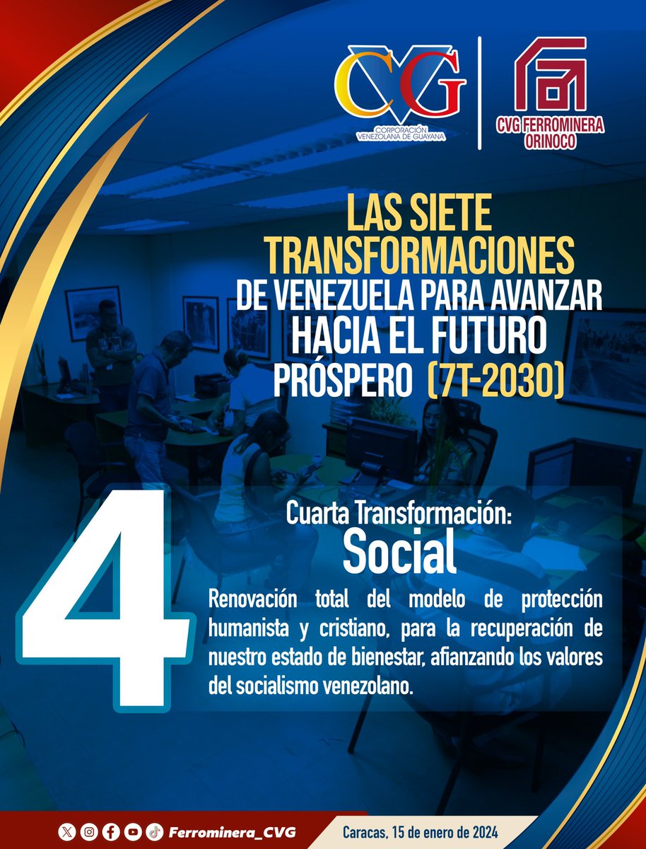 Ferrominera_CVG's tweet photo. Las Siete Transformaciones de Venezuela para avanzar hacia el futuro próspero:  
4. Cuarta Transformación: Social
Renovación total del modelo de protección humanista y cristiano, para la recuperación de nuestro estado de bienestar, afianzando los valores del socialismo venezolano https://t.co/S9WVIuKZ1E