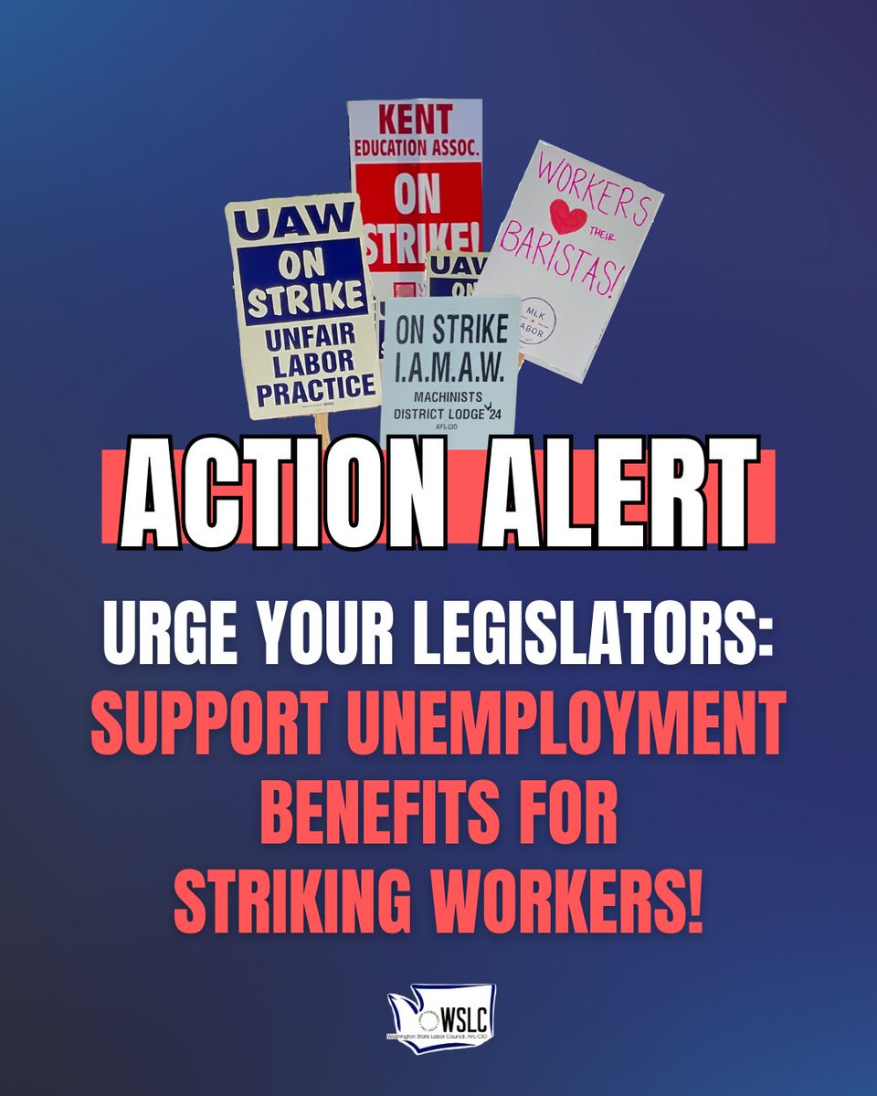 🚨ACTION ALERT: Unemployment benefits for striking workers needs a floor vote ASAP. WA residents, send a message to your legislators now urging them to support UI for striking workers!! Quick email link: act.aflcio.org/letters/pass-u… #WAleg