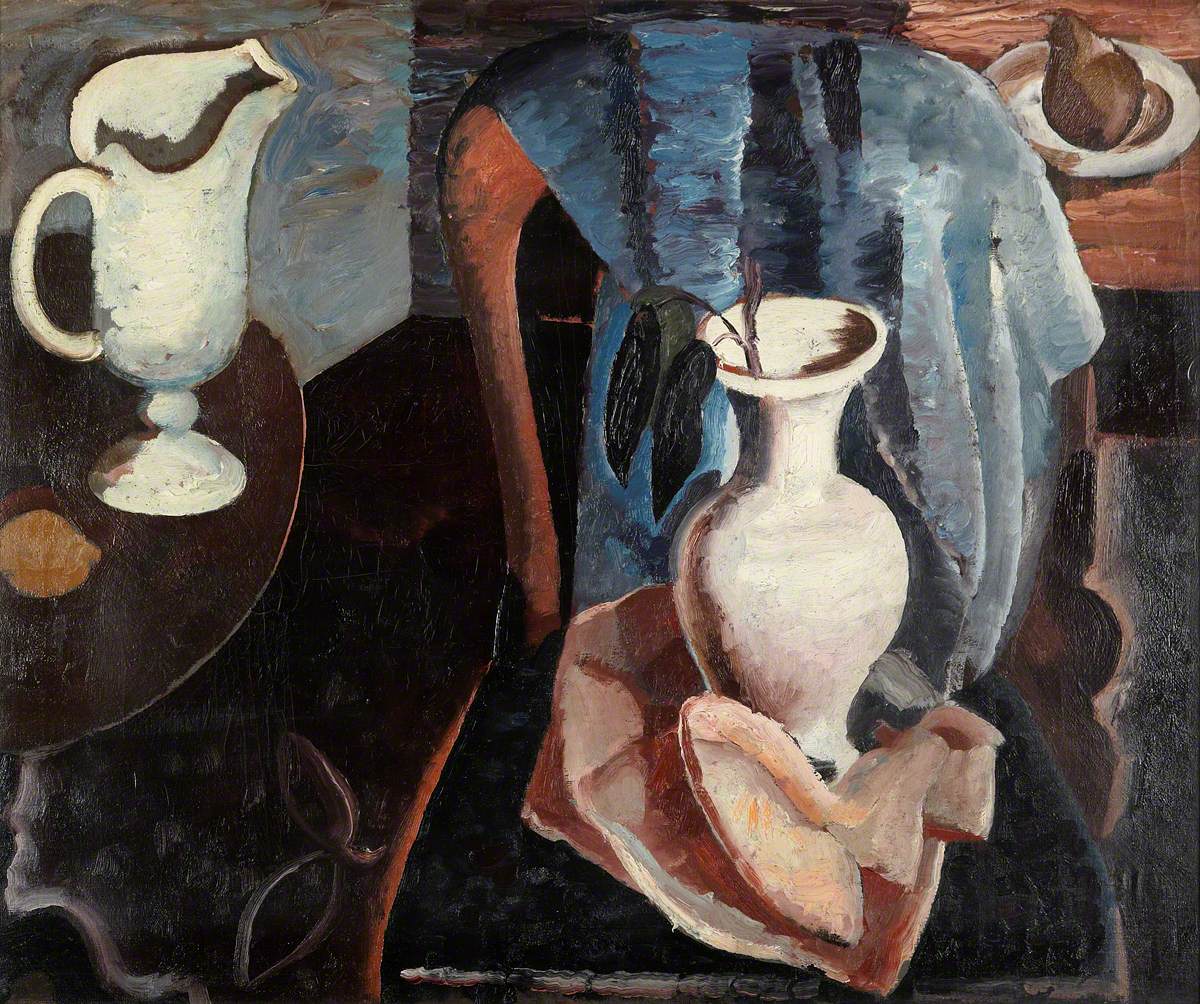 Enjoy Still Life With Red Chair by William Gillies RSA (1898 – 1973) in honour of travel for #onlineartexchange. By the time Gillies paints this around 1928-30 he’d travelled twice to France &amp; absorbed cubism, surrealism, &amp; other European art movements. See it at JGC till 26/4/24