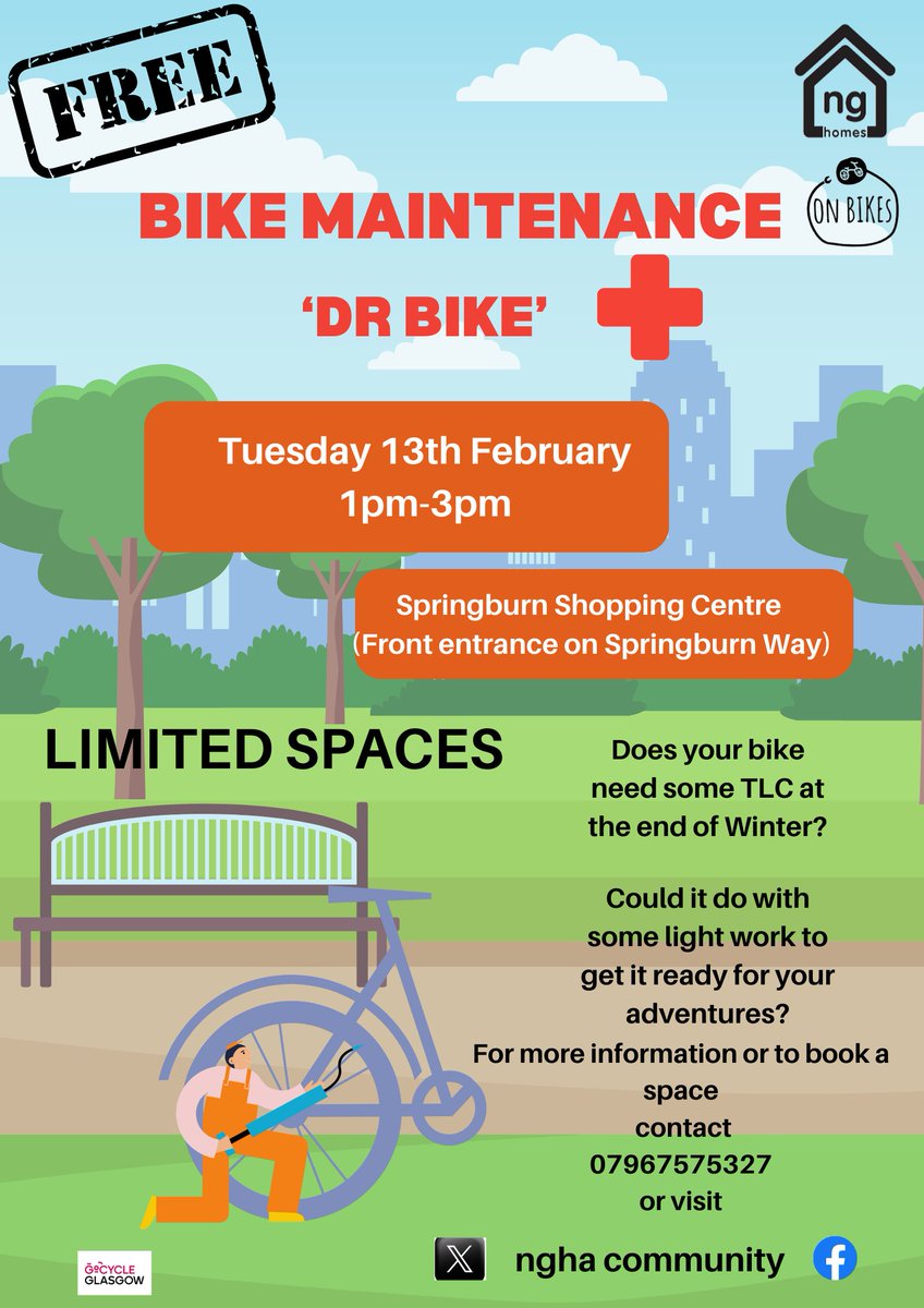 HEADS UP...we're back!🚲
FREE bike maintenance next week (school break!)
Tuesday 13th February, 1pm-3pm down at Springburn shopping centre. Delivered in partnership with our friends <a href="/_OnBikes/">On Bikes</a>
Get along for simple bike check up and find out more about our Active Travel programmes