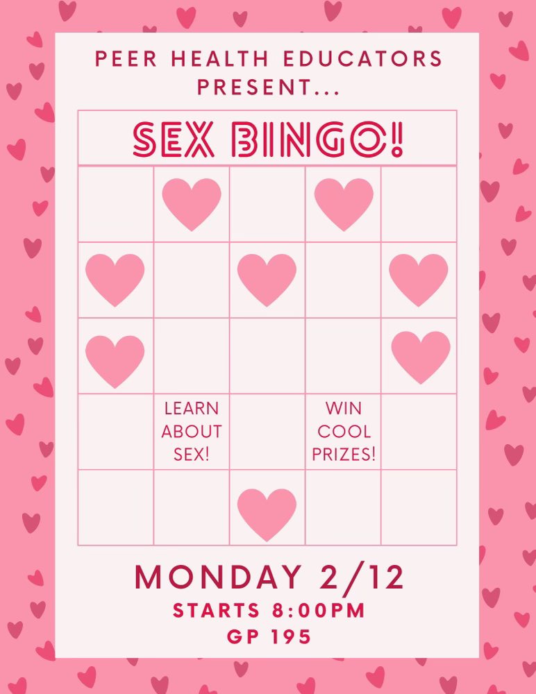 PeerHealthSMCM's tweet photo. Sex Bingo is back! Happening this Monday as the kickoff to our annual Sex Week 💕💕 https://t.co/hBcRIdfDlp