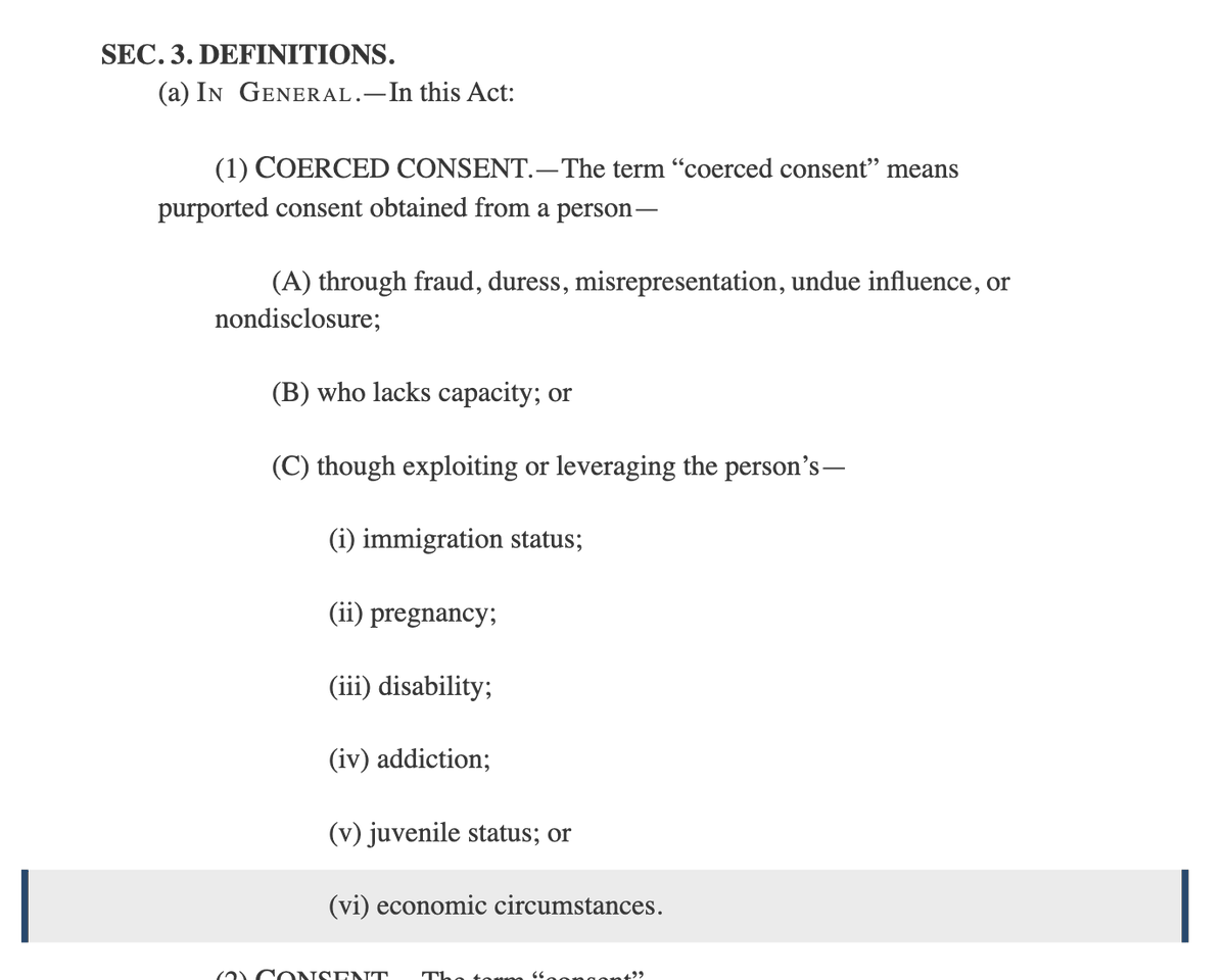 mikestabile's tweet image. Republicans have introduced a bill that would redefine consent for sexwork, effectively making it a crime to pay a performer.

Consent would be invalidated if "economic circumstances" — like paying rent — was a motivating factor to work.

congress.gov/bill/118th-con…