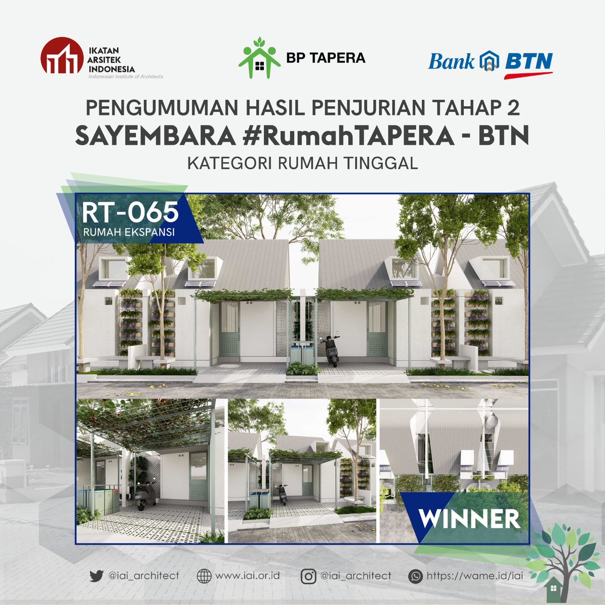 BadanIai's tweet photo. Selamat kepada Pemenang Penghargaan 1 dan 2  “  SAYEMBARA #RUMAHTAPERA – BTN” Untuk kategori : Rumah Tapak…hasil dari Penjurian Tahap II presentasi desain/karya di hadapan Dewan Juri di Gedung Menara BTN - Jalan Gajah Mada, Jakarta https://t.co/5uRAmqeCOr