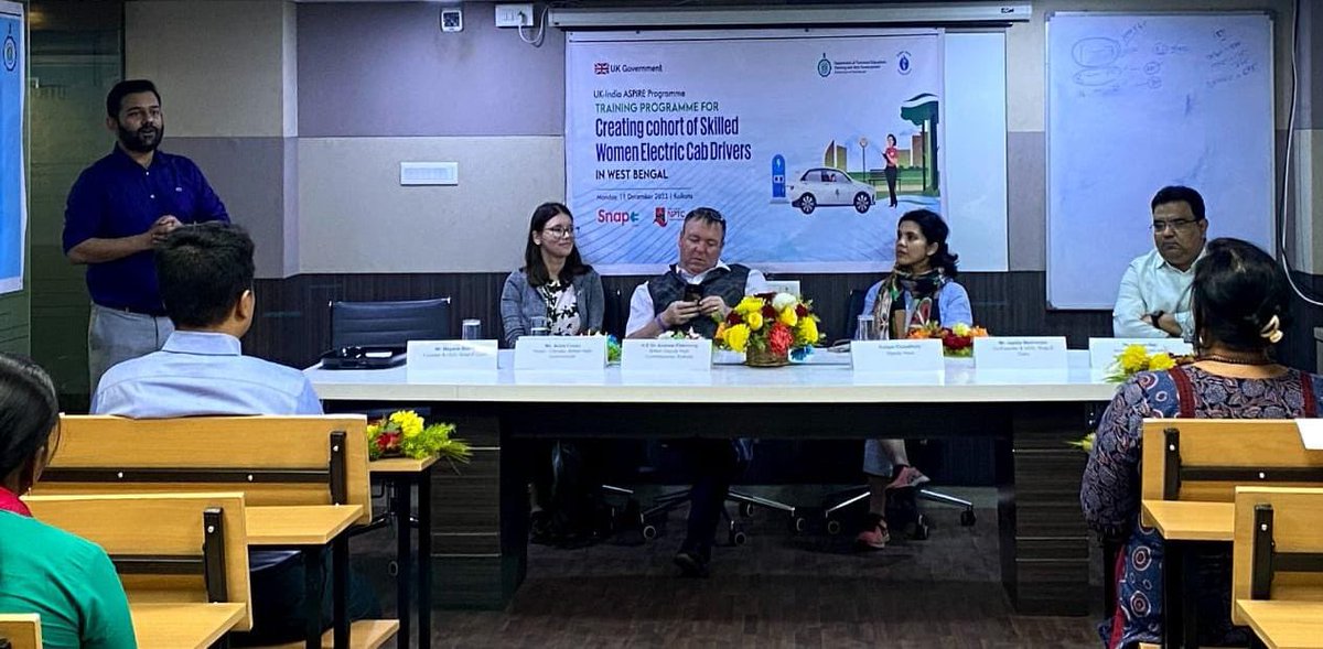 UKinKolkata's tweet photo. .@Andrew007Uk and @arinacosac 
congratulated and handed over certificates of participation to the women EV chauffeurs who attended the 2-day training programme in collaboration with WB Skills dept PBSSD. This was delivered by @NPTCGroup &amp; SnapE Cabs under 
🇬🇧🇮🇳ASPIRE programme. https://t.co/ji1IudU7V5
