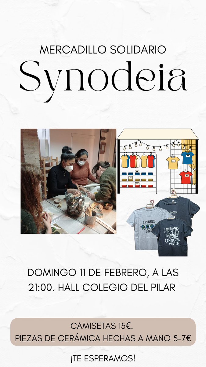 Synodeia_'s tweet photo. 🚨Este domingo haremos un mercadillo solidario!

📍Domingo 11, 21:00 en el @elpilarvalencia 

El objetivo es recaudar fondos para continuar con nuestras actividades ¡Vente!

#Synodeia https://t.co/Vb4ccJosT1