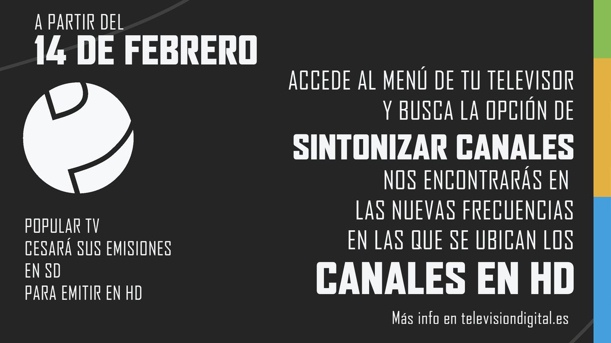 🚨 A partir del 14 de febrero, POPULAR TV cesará sus emisiones en SD para emitir en HD.

🖥️ Accede al menú de tu televisor y busca la opción de SINTONIZAR CANALES. Nos encontrarás en las nuevas frecuencias en las que se ubican los CANALES EN HD.