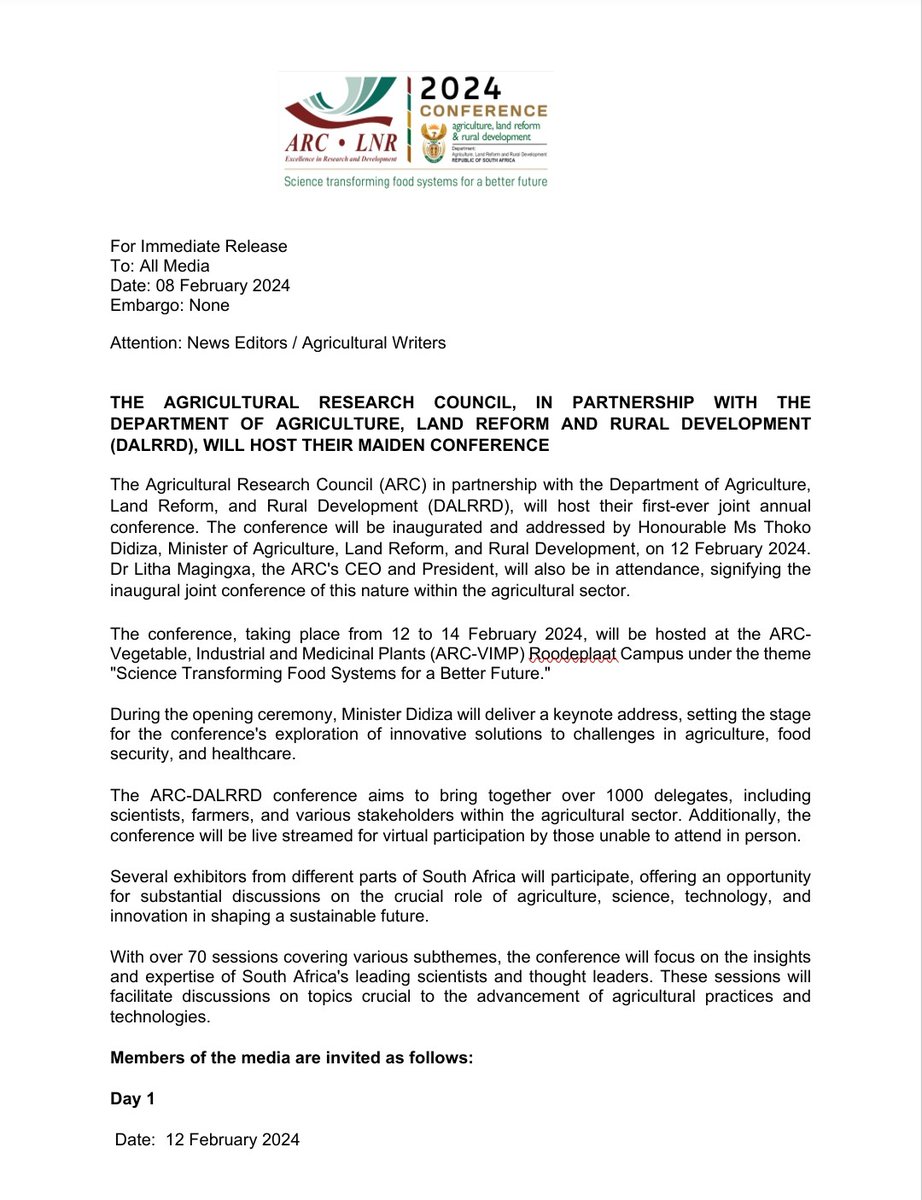 DOAgov_ZA's tweet photo. [Media Invite] The @ARCSouthAfrica, in partnership with the @DALRRDgov_ZA, will host their maiden conference.
#ARCDALRRD2024 

🔗https://t.co/wResuxK2IS https://t.co/1DYAtv8rug