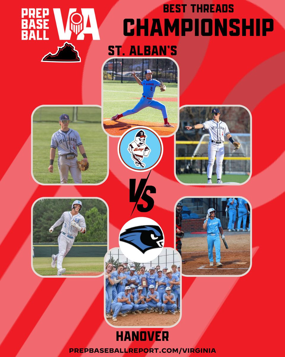PrepBaseballVA's tweet photo. #VABestThreads Championship
St. Alban's @STA1Baseball
vs.
Hanover @HanoverBaseball
Vote below in the 🧵and on IG for who should win the 🏆 https://t.co/bfEdNxGbSd
