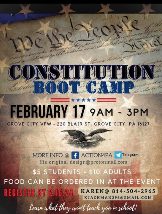 📜 Get schooled in freedom at our Constitution Boot Camp!

📅 Feb 17, 9-3 PM | 📍 Grove City VFW 🎟️ Students $5 | Adults $10
Don't miss out! Register by 2/16 with Karen: 814-504-2965 | kjackman296@gmail.com
#ConstitutionEducation #LibertyLearners #Action4PA #GroveCityEvents