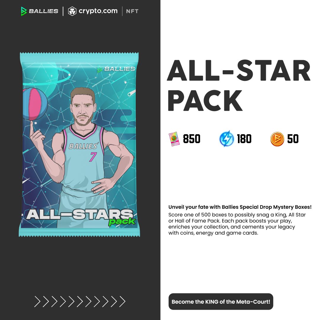 ⭐️ Unleash the All-Star power of the Dragon!

👑 Inside the NFT: 850 Battle Cards, 50 Coins, 180 Energy
✨ Probability: 21%
🌟 Mystery box (promo: buy 3, get 1 Ballie Diva free)
🎮 Standard price 140$

🚀 #AllStars #LegendsPacks #NBA #Crofam