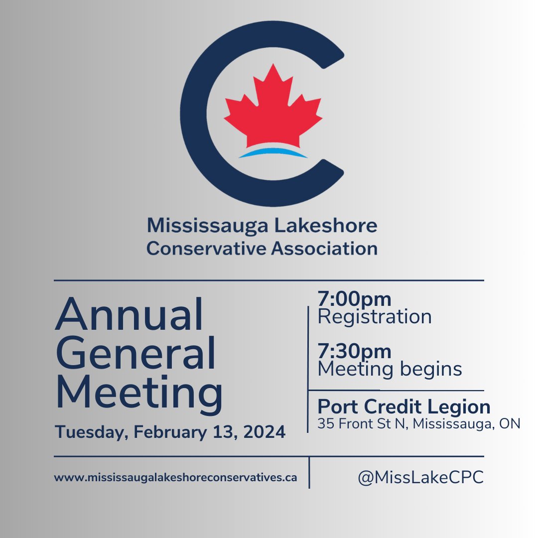 #SaveTheDate next Tuesday, Feb 13th is the #Mississauga-Lakeshore Conservatives Annual General Meeting at the Port Credit Legion.   

Click here to register to attend: lp.constantcontactpages.com/ev/reg/h2yzygj…

#VoteCPC #Pierre4PM #grassroots