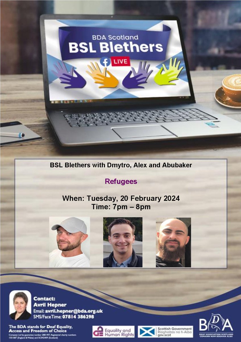 We will have a BSL Blethers live stream on Tuesday, 20th February at 7pm, so come along and join Dmytro, Alex, and Abubaker who will be chatting about their experience as Deaf refugees.

<a href="/BDA_Deaf/">British Deaf Association</a> <a href="/InspiringSland/">Inspiring Scotland</a> <a href="/IS_EqualityHR/">Equality & Human Rights Fund</a> <a href="/ScotGovEdu/">ScotGov Education</a> <a href="/ScotGovFairer/">Scot Gov Fairer</a> <a href="/BSLScotAct2015/">BSL(Scotland)Act2015</a>
