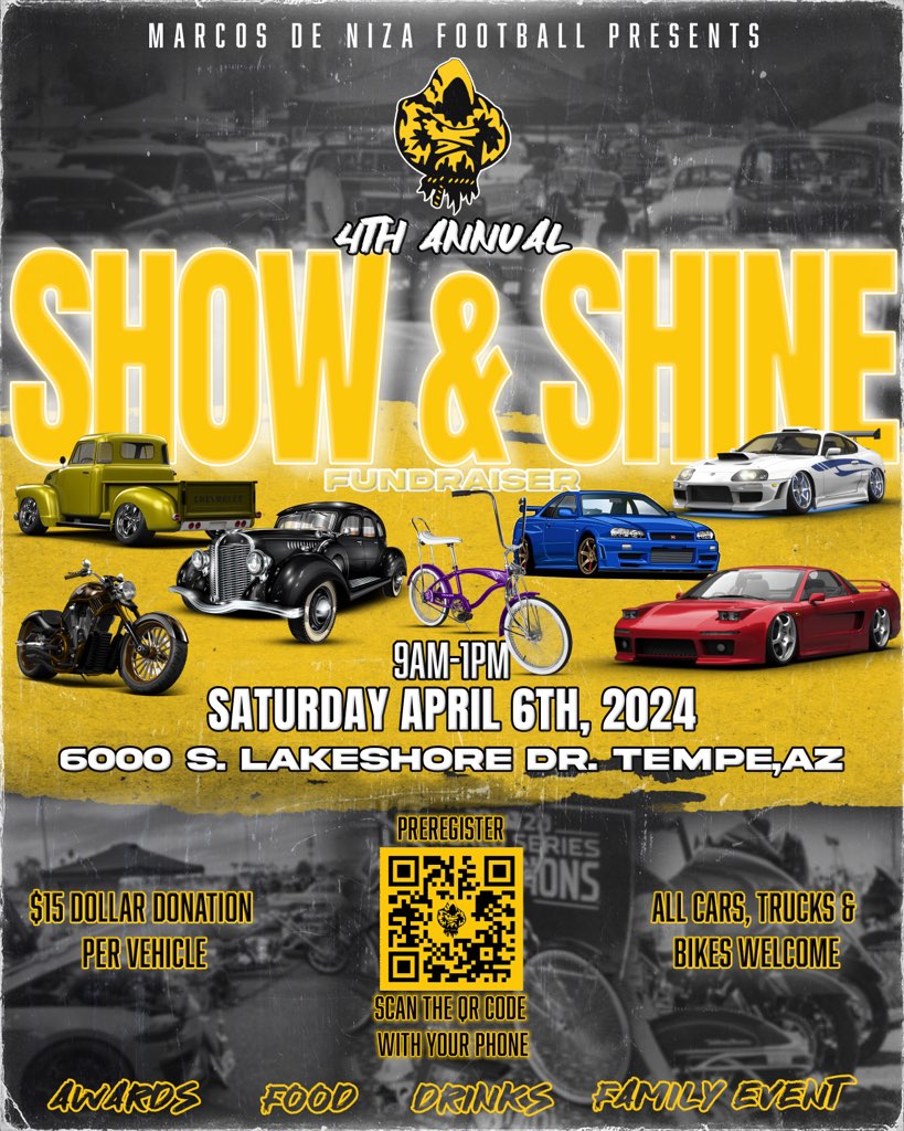 🚨Show & Shine Fundraiser🚨 4th Annual Marcos de Niza Football Show & Shine Fundraiser! Please join us on April 6th from 9am-1pm All Makes and Models Food-Music-Awards-Family Event $15 donation to register PreRegistration Link: forms.gle/FFyn2L8h2dC83B… #NextLevelPadres