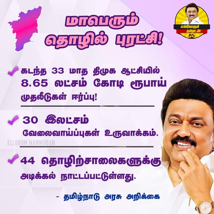 1 டிரில்லியன் அமெரிக்க டாலர் பொருளாதார இலக்கை நோக்கி முன்னேறும் தமிழ்நாடு 🖤❤️

#MKStalinCM #CMMKStalin #MKStalinGovernment
#StartupTN #InvestInTN #MakeInTN #EllorumNammudan