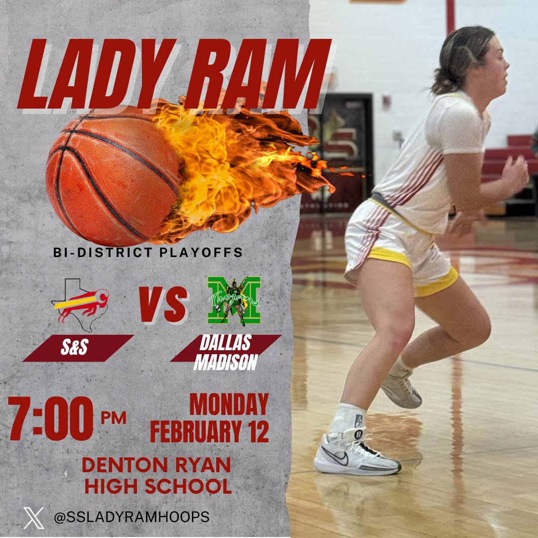 Our <a href="/ssLadyRamhoops/">S&S Girls basketball</a> are in the playoffs!! First round vs. Dallas Madison at Denton Ryan High School! Come out wear red and be loud!! Lets go!!
#RFND
#FAM1LY
