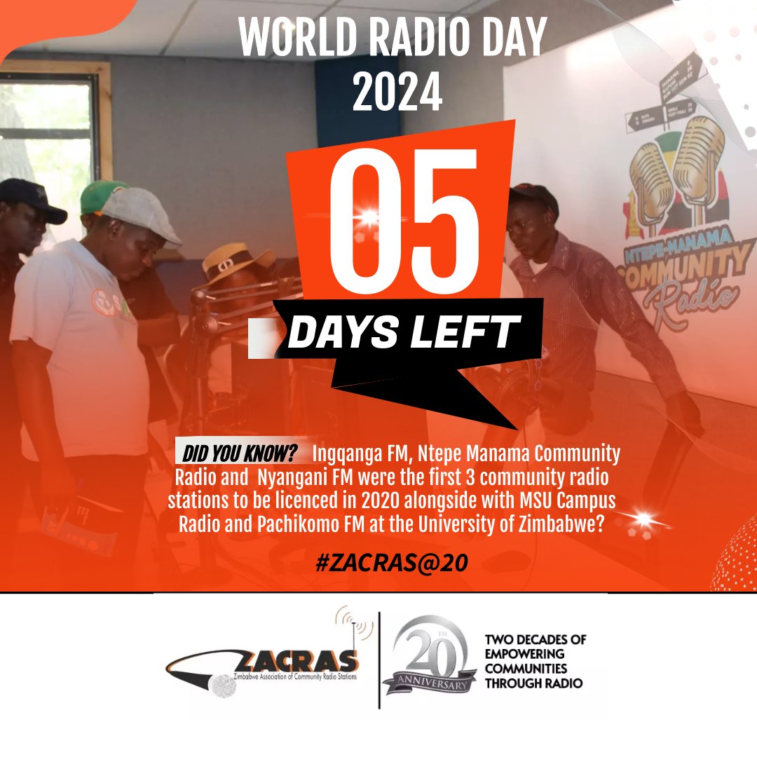 #5DaysToGo to #WorldRadioDay 2024. DID YOU KNOW that @NtepeRadio, Ingqanga FM and @NyanganiFMRadio were the first 3 Community Radio stations to be licenced by @baz_zw alongside 2 Campus Radio Stations, @PachikomoFm986 and @MsuRadio. 

#ZACRASat20
