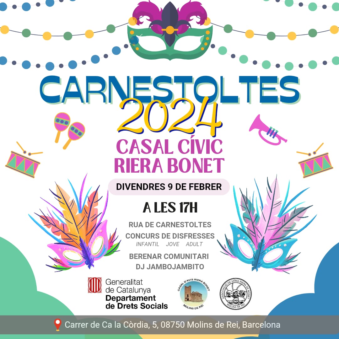 PORieraBonet's tweet photo. @PORieraBonet gestionat per @Fundperetarres i que pertany @xarxaomnia ja tenim preparat tot per el Carnestoltes 2024. Rua per el barri i festa final amb DJ Jambo Jambito, pica pica per famílies, infants, joves i gent del barri, tot plegat al Casal Cívic Riera Bonet. Us esperem!!! https://t.co/fXA0CqkAQd