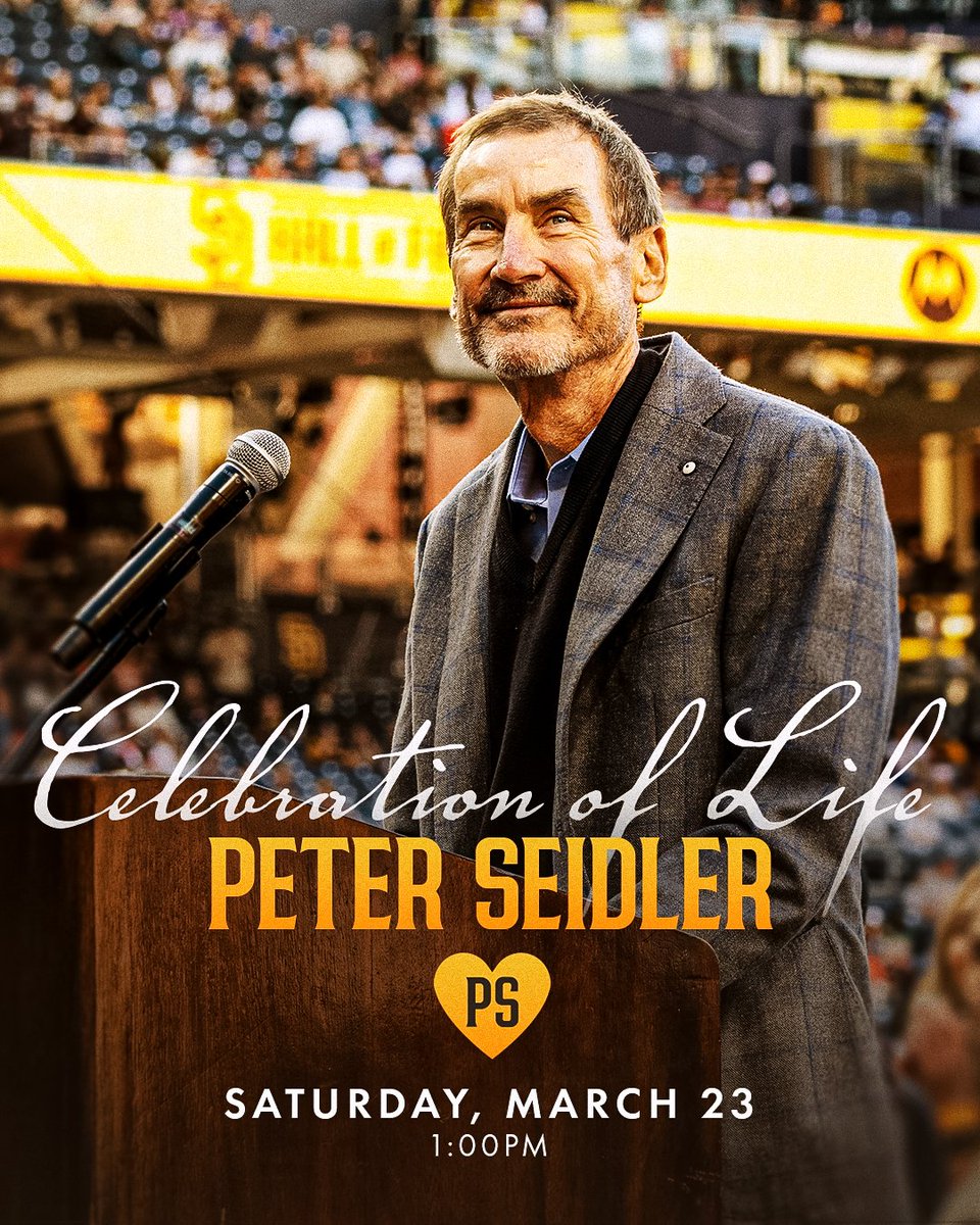 Padres's tweet photo. We will be honoring our beloved former Chairman and Owner, Peter Seidler, with a celebration of life ceremony at @PetcoPark on Saturday, March 23 at 1pm PT 💛

Details: https://t.co/aQBqPu9PU0 https://t.co/ONSjNDFoDz
