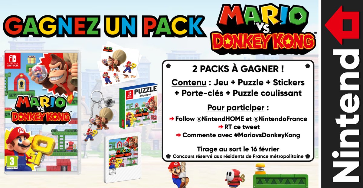 NintendHOME's tweet photo. 🎁 Concours – Les deux rivaux sont de retour ! Tentez de gagner l’un des 2 packs comprenant le jeu Mario vs. Donkey Kong + un lot de goodies.

Pour participer :
▶️ Follow @NintendHOME et @NintendoFrance
🔄 RT ce tweet
#️⃣ Commente avec #MariovsDonkeyKong
📅 Tirage au sort le 16/02 https://t.co/kSxsfEOi0h