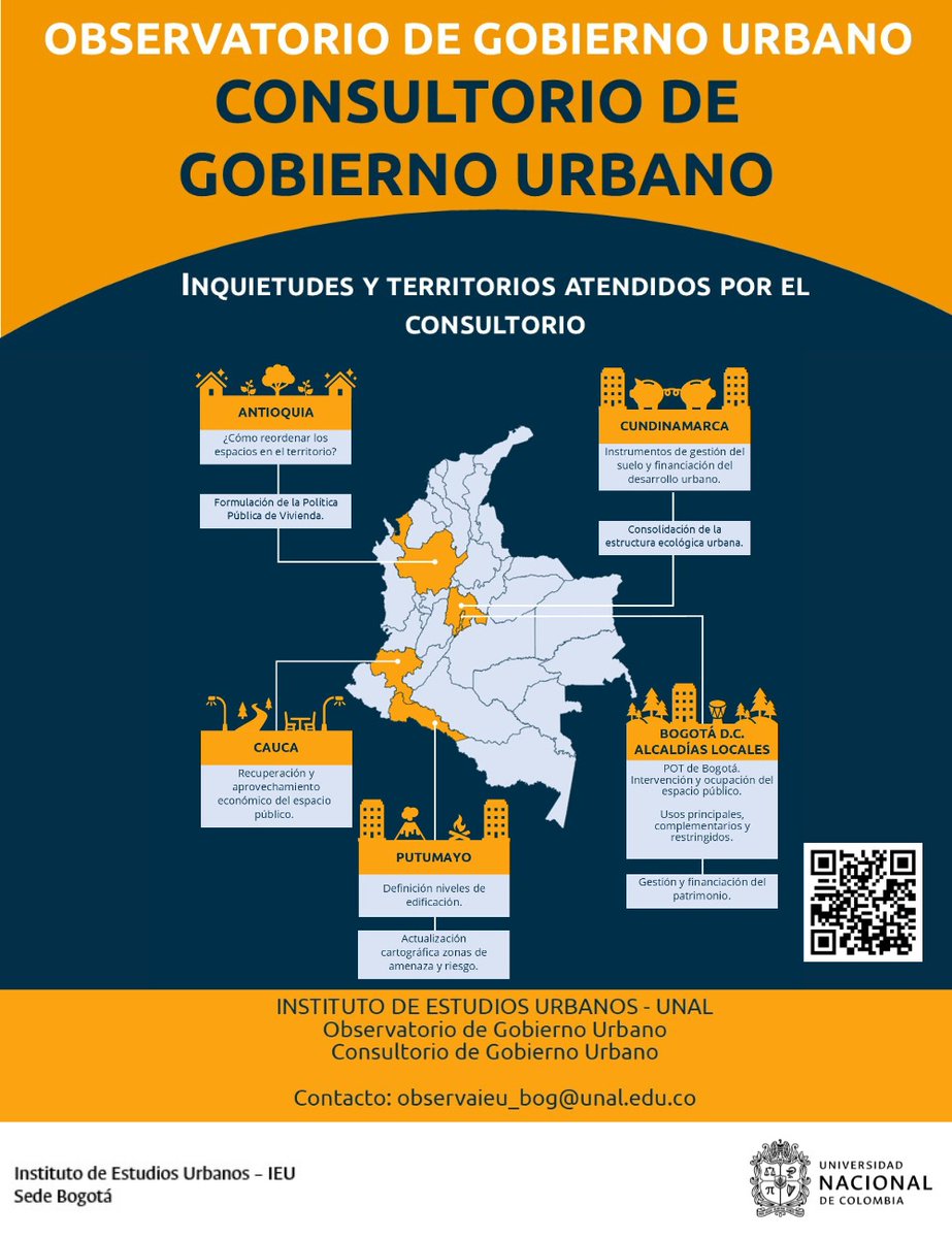 Programe una sesión de asesoría gratuita en el Consultorio de Gobierno Urbano. Si es alcalde, funcionario o servidor público, puede participar en esta iniciativa dirigida a actores políticos municipales como un espacio de consulta con docentes del <a href="/IEU_UNAL/">Instituto de Estudios Urbanos - UNAL</a>. Formulario en el QR.