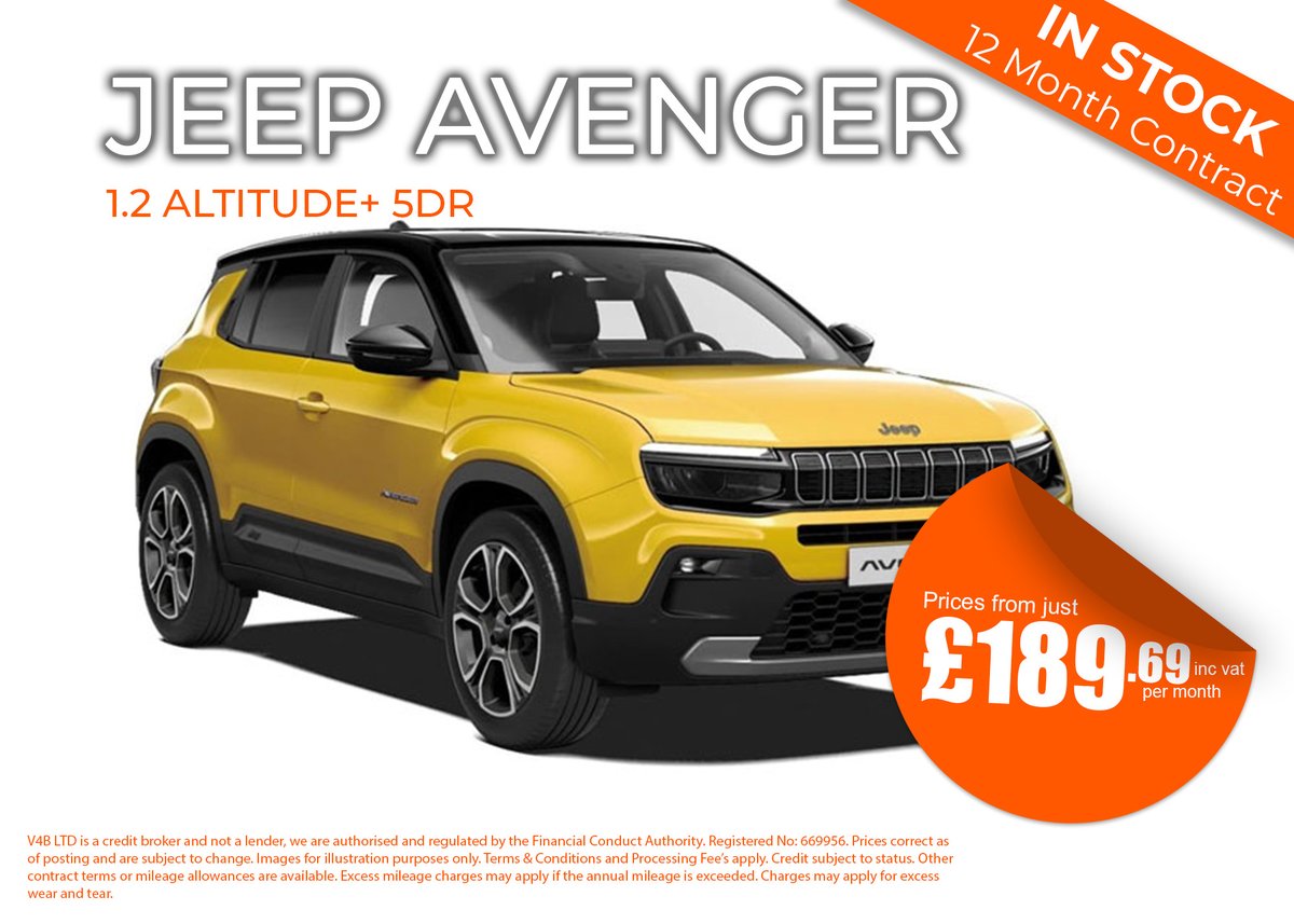 Check out this Jeep Avenger personal deal from just £189.69 inc VAT. We've got it in stock with just a 12-month contract! Find Out More - zurl.co/jSWH Enquire Here -zurl.co/T9Tg #JeepAvenger #sustainability #Offer #CarLeasing #V4B