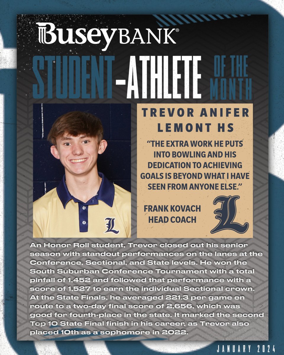 🏅 The #IHSA is proud to recognize the Busey Bank Student-Athletes of the Month, honoring students who excel in athletics while also being positive contributors to their school &amp; community.

📅 JANUARY 2024
⭐️💃Molly Boyle, Saint Viator HS
⭐️🎳Trevor Anifer, Lemont HS