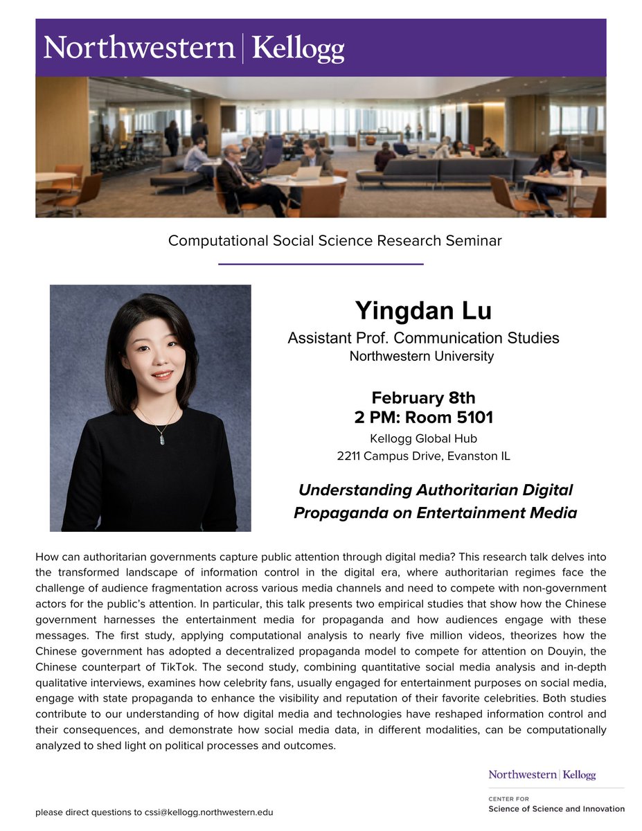 CSSI (@kelloggcssi) on Twitter photo TODAY! Join us at 2PM for a talk by <a href="/YingdanL_kk/">Yingdan_Lu</a> at the Kellogg Global Hub. We hope to see you there!
🗓️2:00 PM Thursday, February 8th
📍Kellogg Global Hub, Room 5101 TODAY! Join us at 2PM for a talk by <a href="/YingdanL_kk/">Yingdan_Lu</a> at the Kellogg Global Hub. We hope to see you there!
🗓️2:00 PM Thursday, February 8th
📍Kellogg Global Hub, Room 5101