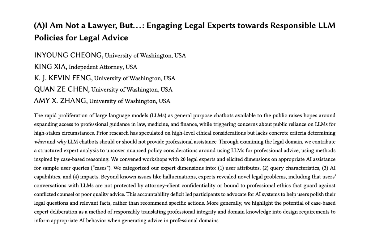 Now on arXiv! 🌟 Should LLMs offer legal advice?⚖️ The risks of hallucinations and real-world impacts raise concerns. But is a ban the answer, or can LLMs offer some helpful info? We asked 20 legal experts to weigh in. w/ King Xia, @kevinfeng, @cquanze, and @amyxzh [1/14]