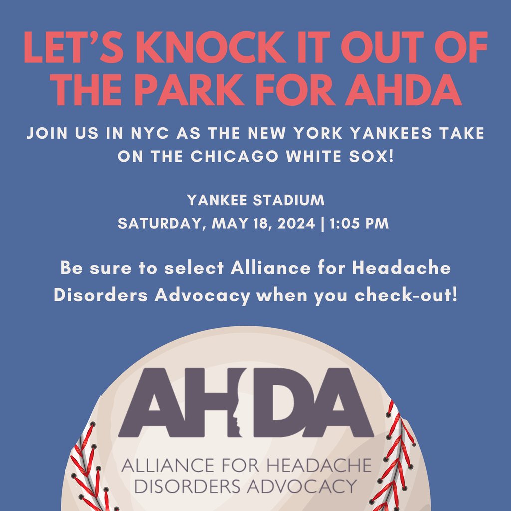 Join us at #YankeeStadium for an unforgettable day of #baseball and giving back as the #Yankees take on the Chicago #WhiteSox on May 18th. Select Alliance for Headache Disorders Advocacy at check-out and a portion of your ticket will support our work! offer.fevo.com/yankees-vs-whi…