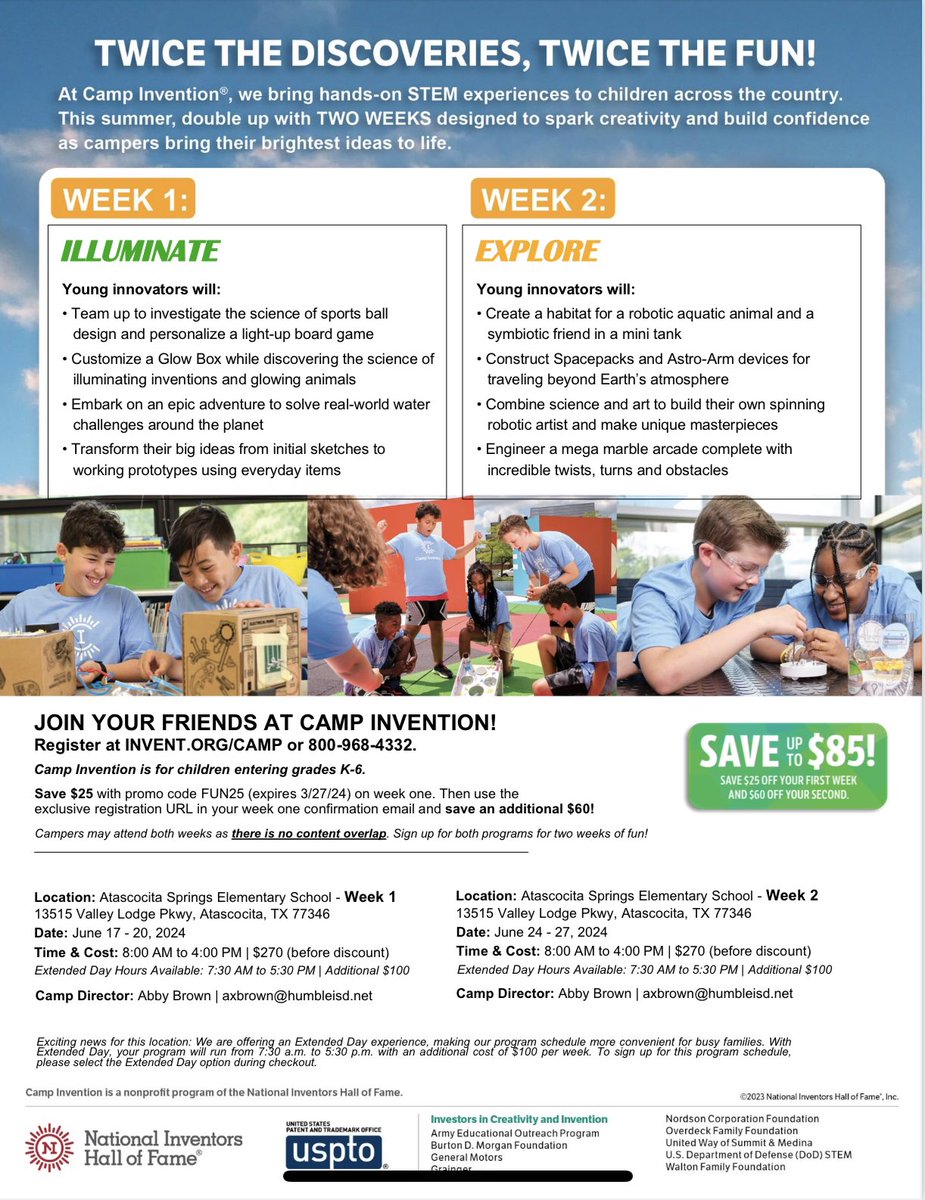 Registration is now open for Camp Invention! Camp dates, location and registration discounts are on the flyer below!