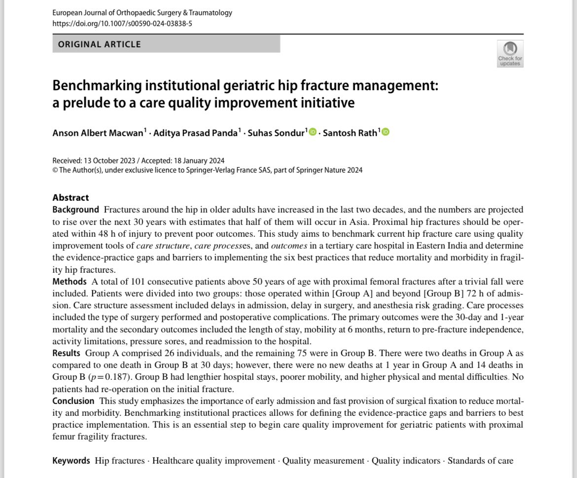 SondurSuhas's tweet photo. 🔸Early admission and fast provision of surgical fixation to reduce mortality and morbidity 

Read my latest #research on Benchmarking Institutional #geriatric #fragilityhipfracture Care, published with @SpringerNature in @EJOST_  (1/2)

https://t.co/tUd3G5qClN https://t.co/wdp2obvxqU