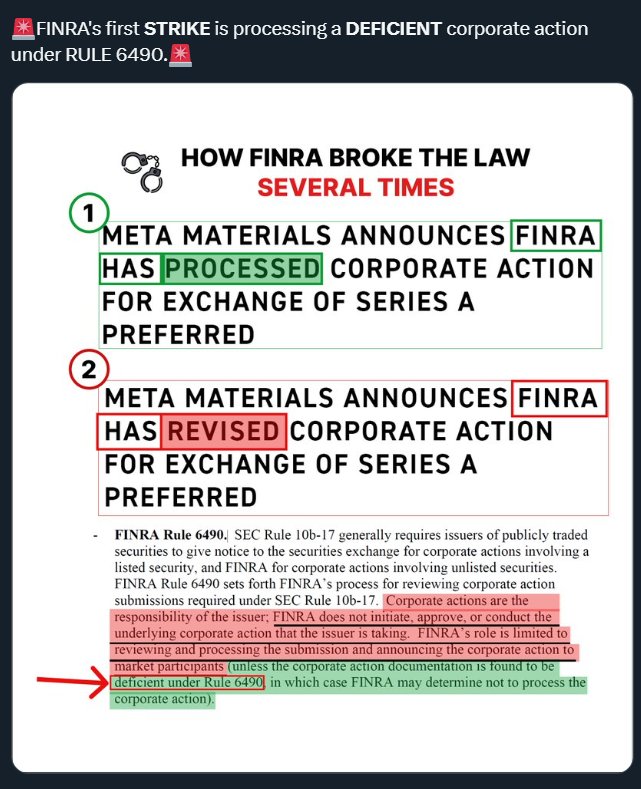 MetaGuyMarduk's tweet photo. @EleanorTerrett $MMTLP $MMAT
Nope. FINRA 100% violated their own rule(s). Yes, more than one, but here is irrefutable proof that they violated 6490.
Tell Charles to go read the prospectus 424b (4) and compare it to FINRA's first corporate action. He won't, but tell him anyway. #CHECKMATE https://t.co/uUukjayJ4U