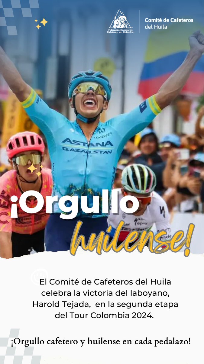 #OrgulloCafetero ☕️🚴‍♂️¡Triunfo cafetero en las carreteras! 👏 Felicitamos a nuestro querido laboyano, Harold Tejada Canacue, por su espectacular victoria en la segunda etapa del #TourColombia2024 en Boyacá.

¡Orgullo cafetero y huilense en cada pedalazo! 
#HuilaCafetero