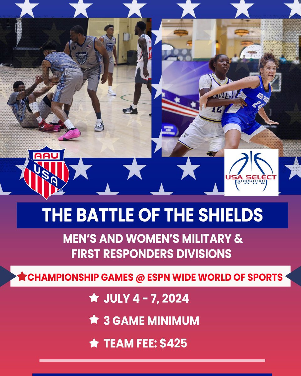 The Battle of the Shields is back! Calling all Military and First Responders! Come showcase your skills on the hardwood 🏀 🇺🇸 🔗Click the link in the bio for more info #aaubasketball #battleoftheshields #military #firstresponders @USASelectBBall