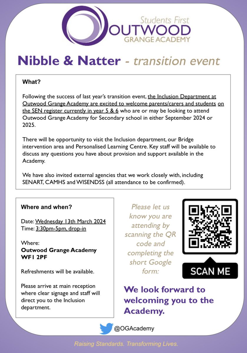 The Inclusion Department is excited to welcome Y5/Y6 parents/carers and students on the SEN register to the transition Nibble and Natter.