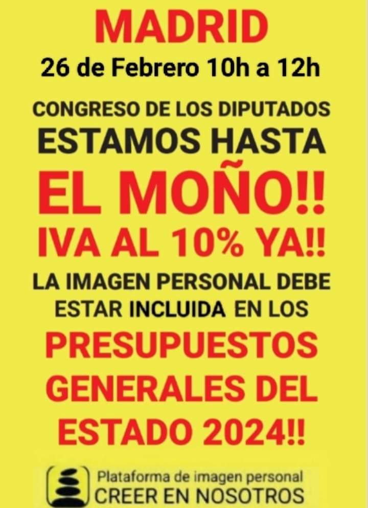 Creerennosotros's tweet photo. 🛑 ATENCIÓN 🛑
@Creerennosotros  (POR LA BAJADA DEL IVA)  se vuelve a movilizar en #MADRID @Congreso_Es 

Es hora de que el #GOBIERNO asuma su RESPONSABILIDAD e incluya la RESTITUCIÓN DEL IVA AL 10%  de la imagen personal en los PRESUPUESTOS GENERALES DEL ESTADO 2024‼️#PGE2024 https://t.co/4yvV1SZnnz